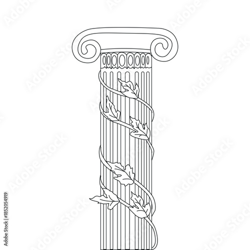 Black and white line art illustration of a classical column entwined with ivy leaves. Elegant antique architecture motif combining nature and history, ideal for prints, decor, coloring pages and desig