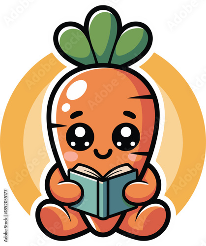Cute cartoon carrot character sitting and reading a book vector sticker illustration