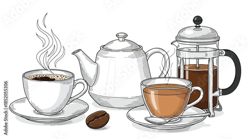 Coffee and tea illustration with a coffee cup, teapot, french press and a cup of tea on a white