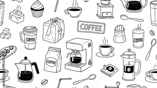 Black and White Hand Drawn Coffee and Cafe Themed Pattern Design