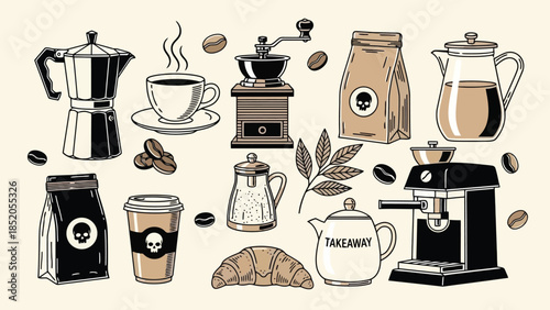 Coffee and cafe related objects vector illustration on beige background