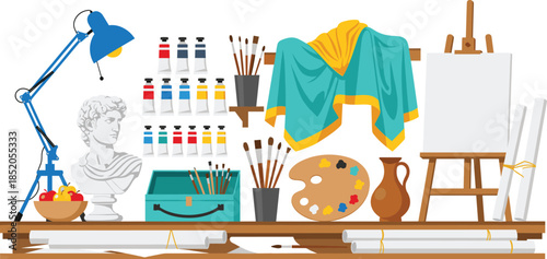 Artist studio workspace with easel paints brushes palette and sculpture, creative art workshop interior vector illustration
