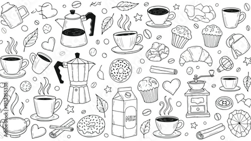 Delicious hand-drawn coffee and breakfast items on white background, perfect design elements