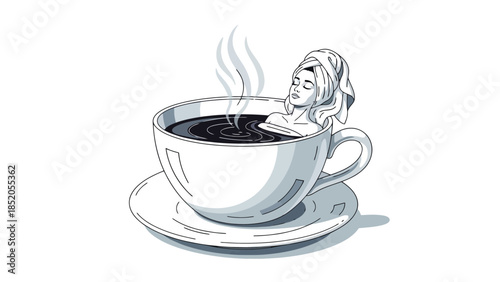Woman relaxing in a coffee cup, enjoying a peaceful moment with steam rising