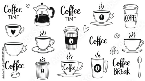 Black and white coffee icons and illustrations design for cafe or restaurant.