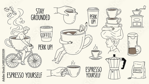Coffee-themed illustration featuring various related items and activities against a light backdrop.