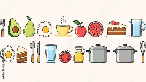 Breakfast and cooking ingredients assortment illustration on light background, food concept.