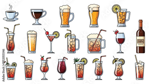 Assorted Refreshing Drinks and Cocktails in Vector Style, Perfect for Menus and Beverages