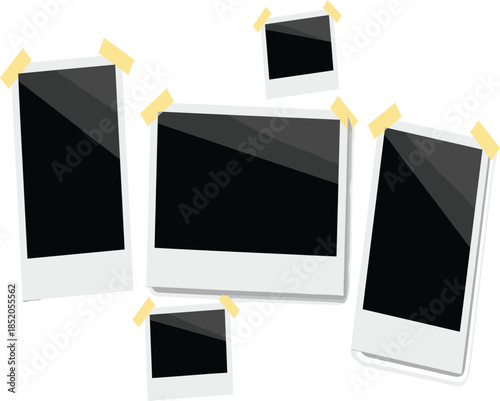 PrintBlank instant photo frames taped on white background, retro photography memory collage and scrapbook mockup vector illustration