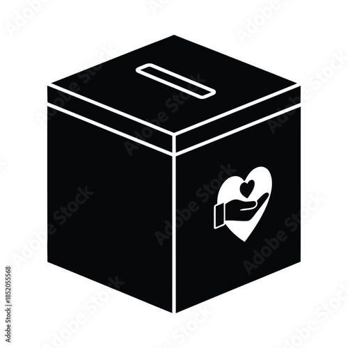 Black donation box with heart and hand symbol on side, minimal islamic silhouette