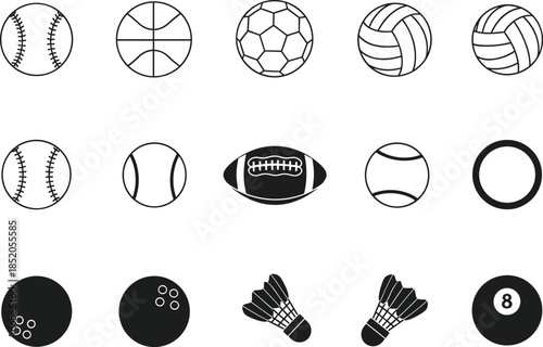 Collection of sports balls and equipment icons
