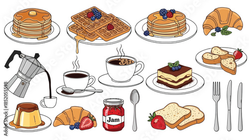 Delicious breakfast set featuring pancakes, waffles, coffee, and pastries, perfect for morning meals