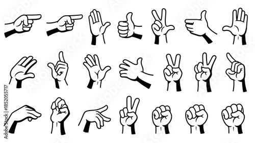 Cartoon hand gestures vector illustration set with various hand signs on white background