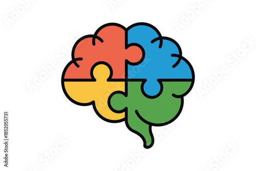A vibrant vector of a human brain icon composed of colorful interlocking puzzle pieces, symbolizing complex thought, intelligence, and problem-solving abilities