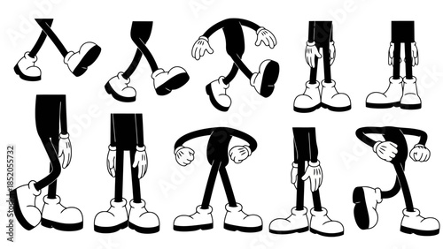 Cartoon leg poses collection in black and white, various positions and designs.