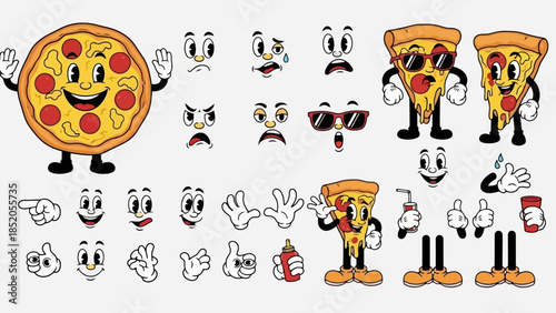 Cartoon pizza character creator illustration with various emotions and accessories vector