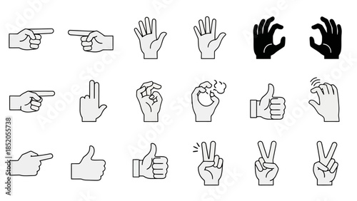 Set of Various Hand Gestures and Symbols Illustrated on White Background
