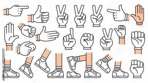 Cartoon hand gestures and feet with shoes vector illustration set