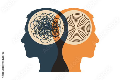 A vivid vector of dual human profiles, illustrating the profound contrast between mental confusion and serene, organized clarity, symbolizing psychological states