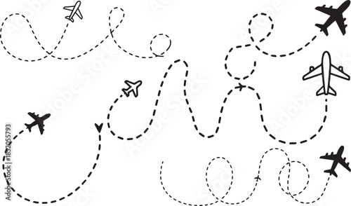 Airplane dotted path travel icons flight route illustration isolated on white background