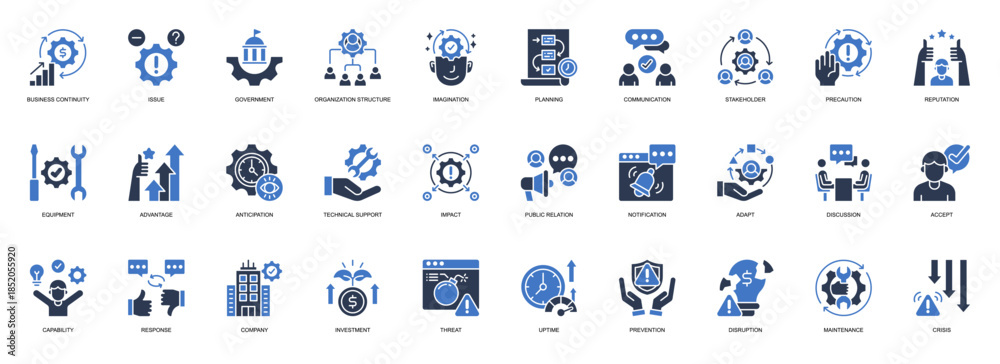 Fototapeta premium Business Continuity solid style icon set. Containing Business Continuity, Issue, Government, Organization Structure, Imagination, Planning