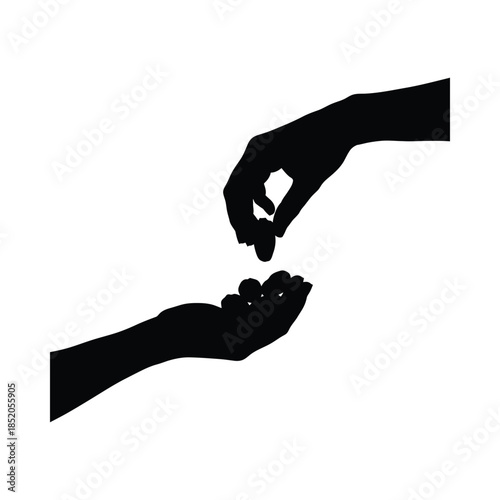 Silhouette of two hands exchanging coins, minimal islamic silhouette