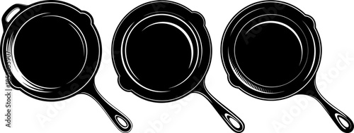Three black cast iron skillets with handles on white background frying pan cooking