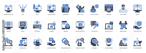 Cyber Crime solid style icon set. Containing Penetration Testing, DDoS, Fraud, Computer Virus, Data Breach