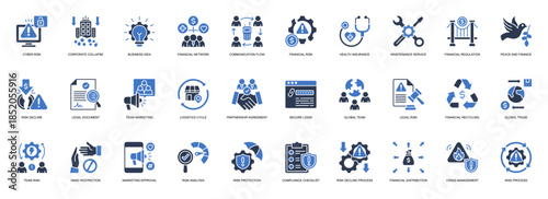 Crisis Management solid style icon set. Containing Cyber Risk, Corporate Collapse, Business Idea, Financial Network, Communication