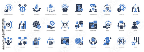 Business Continuity solid style icon set. Containing Business Continuity, Issue, Government, Organization Structure, Imagination, Planning