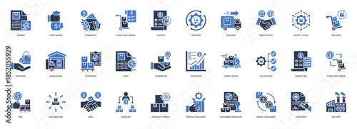 Procurement Management solid style icon set. Containing Tender, Cost Saving, Commodity, Purchase Order, Invoice, Process, Delivery, Negotiation