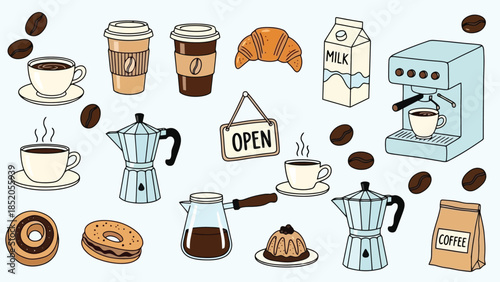 Coffee shop illustrations: various coffee items and sweet treats, open sign, flat design