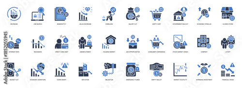 Recession solid style icon set. Containing Decrease, Job Search, Bankruptcy, Value Decrease, Homeless, Salary Cut