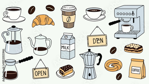 Coffee shop elements illustration: cups, beans, pastries, coffee maker, and milk cartoon art