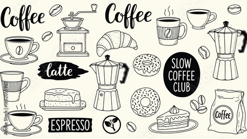 Coffee shop illustrations - Various coffee items, pastries, and graphic elements