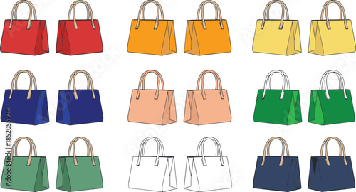 Colorful shopping bags in various styles and colors for retail or fashion use