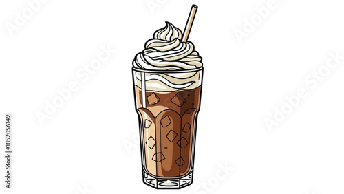 Delicious iced coffee with whipped cream and straw served in a tall glass, a refreshing beverage.
