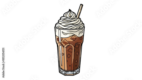 Delicious iced coffee with whipped cream and straw in a tall glass, refreshing beverage