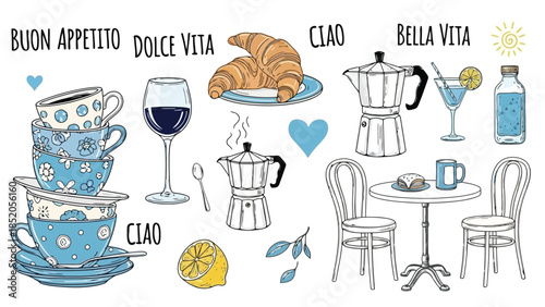 Italian cafe illustration with cups, coffee maker, and food elements isolated on white.