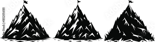 Three black mountain peaks with flags on white background summit black and white