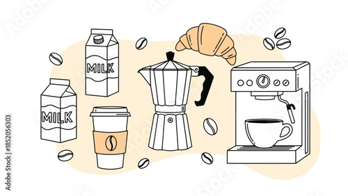 Coffee and breakfast illustration: beverages, croissant, milk, and equipment on light background.