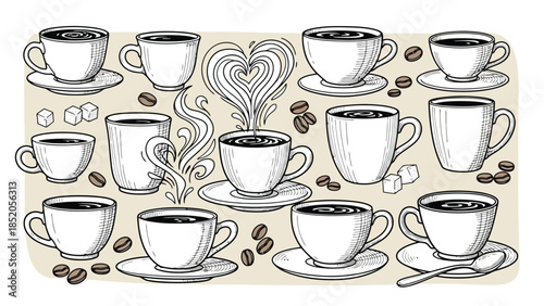 Artistic coffee cup collection with saucers, steam, and beans illustration on a neutral background.