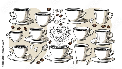Artistic hand-drawn coffee cups and saucers with sugar cubes, beans, and vapor art illustration