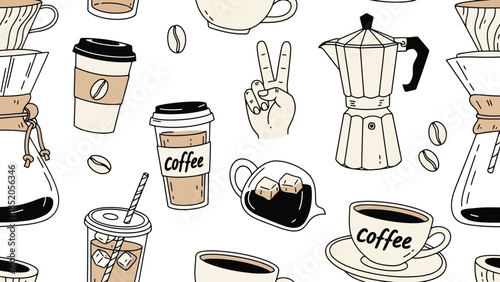 Coffee-themed doodle art background with cups, beans, and peace sign