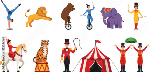 Circus performance illustration featuring acrobats, trained animals, clowns, magicians, and a classic big top tent