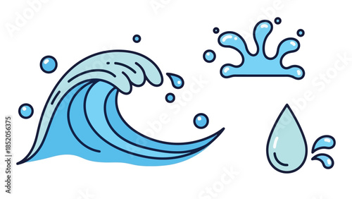 Stylized water elements: wave, splash, and droplet illustrations for design projects