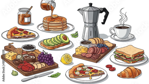 Delicious breakfast spread illustration with various tasty food items on white background