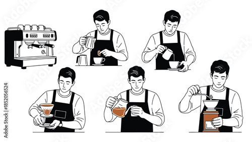 Coffee preparation steps with barista pouring and brewing in sequence, vector illustration
