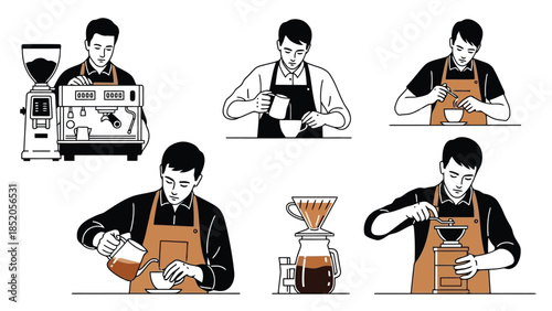 Barista making coffee with various brewing methods, illustration set in outline style