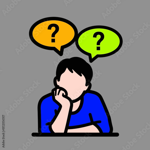 Confused Person Thinking and Questioning with Speech Bubbles, Isolated Illustration, Conceptual Graphic Design